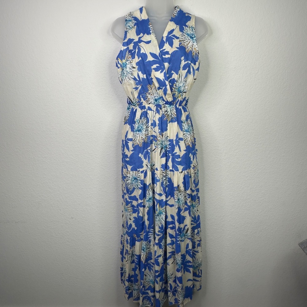 Johanna Paris Dress Womens XS Blue‎ Floral Sleeveless Tiered Tropical Vacation